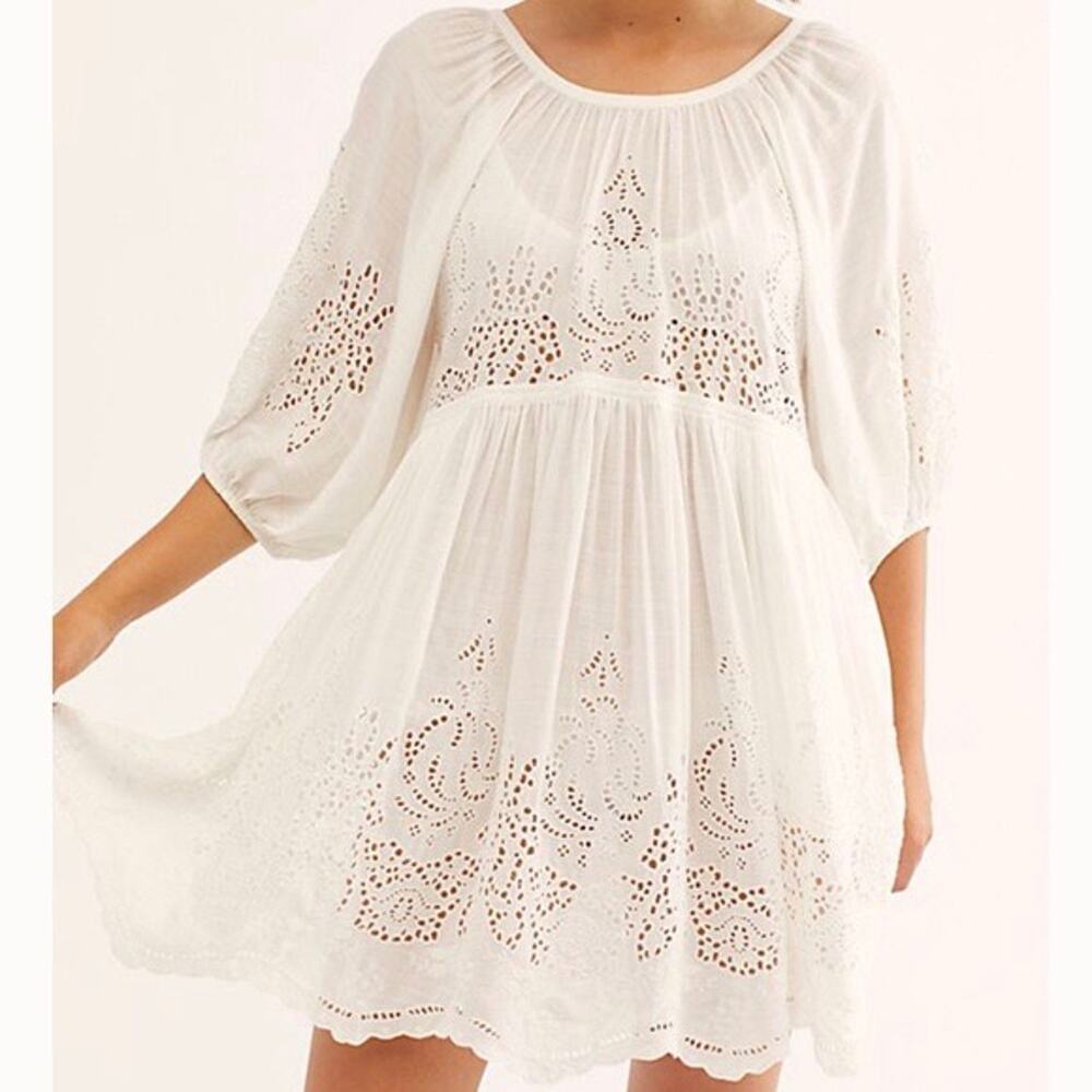 Free People White Eyelet Boho Flowy Balloon Sleeve Dress - Picture 4 of 8